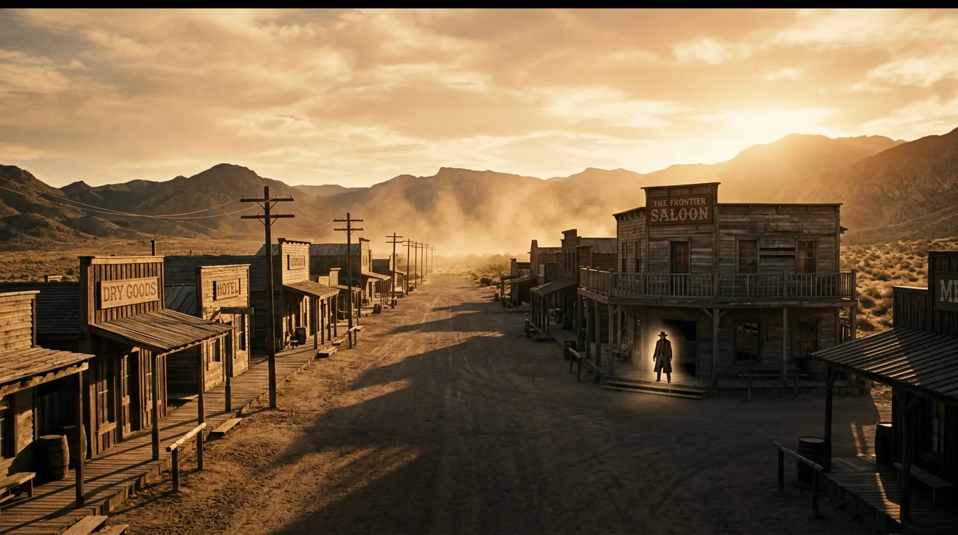 EWS — lone gunfighter at saloon doorway, Western main street, golden hour