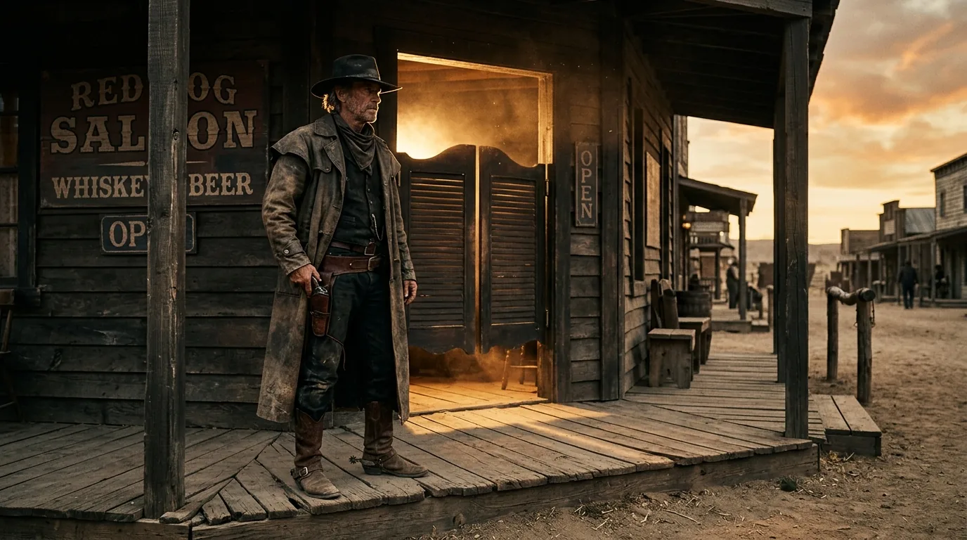 WS — full body gunfighter in front of weathered saloon door, backlit, dust haze