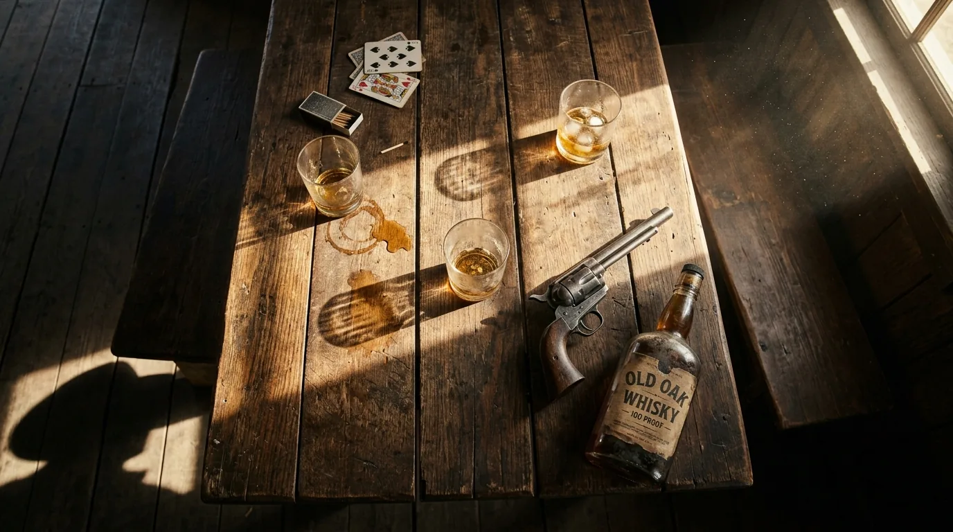 Top-down view straight down on saloon table with glasses bottle and revolver