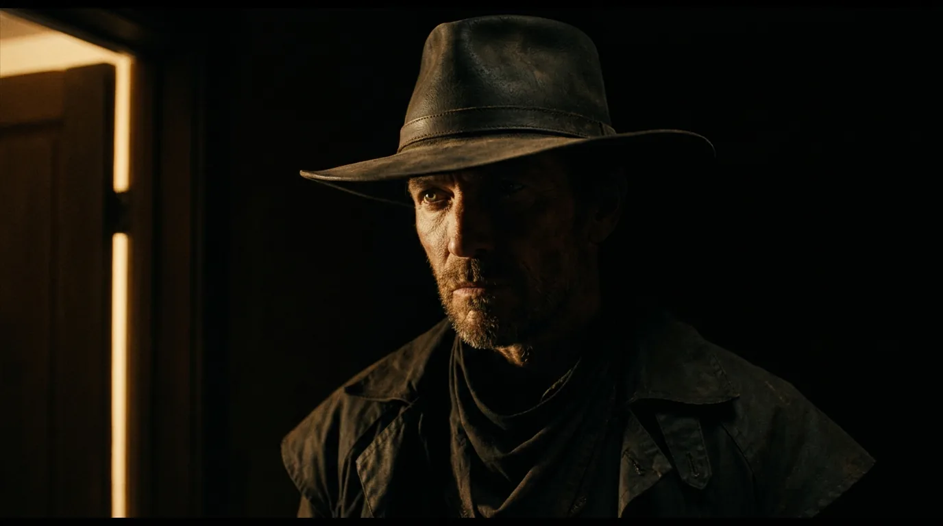 Low-key chiaroscuro — most of frame in deep shadow, narrow sliver of warm light on cheekbone and eye
